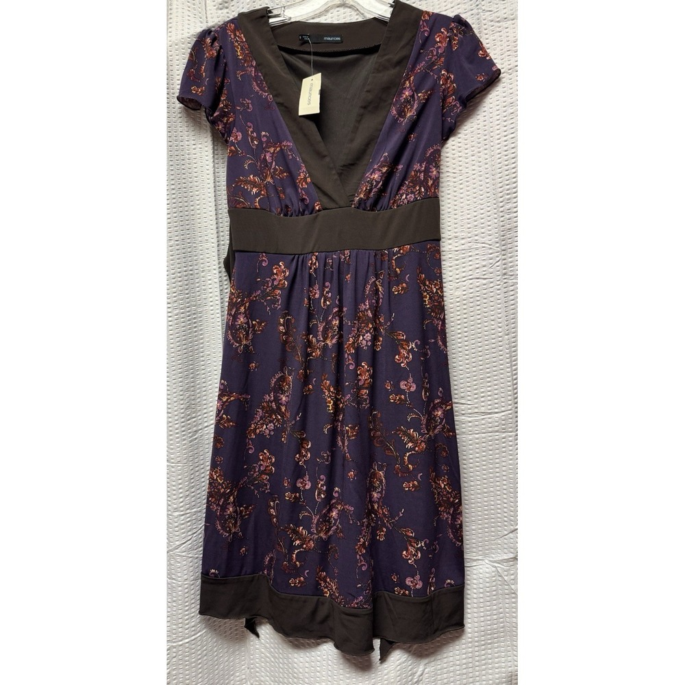 Women's SZ S Purple Floral Print Maurices Dress V-Neck Brown Hem Waist Tie Back
